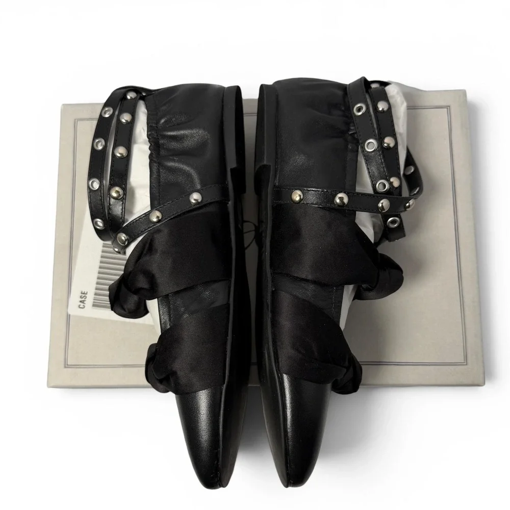 NIB Anthropologie Maeve Moto Ballet Flats EU 38/7-7.5 Black Leather Studded $178